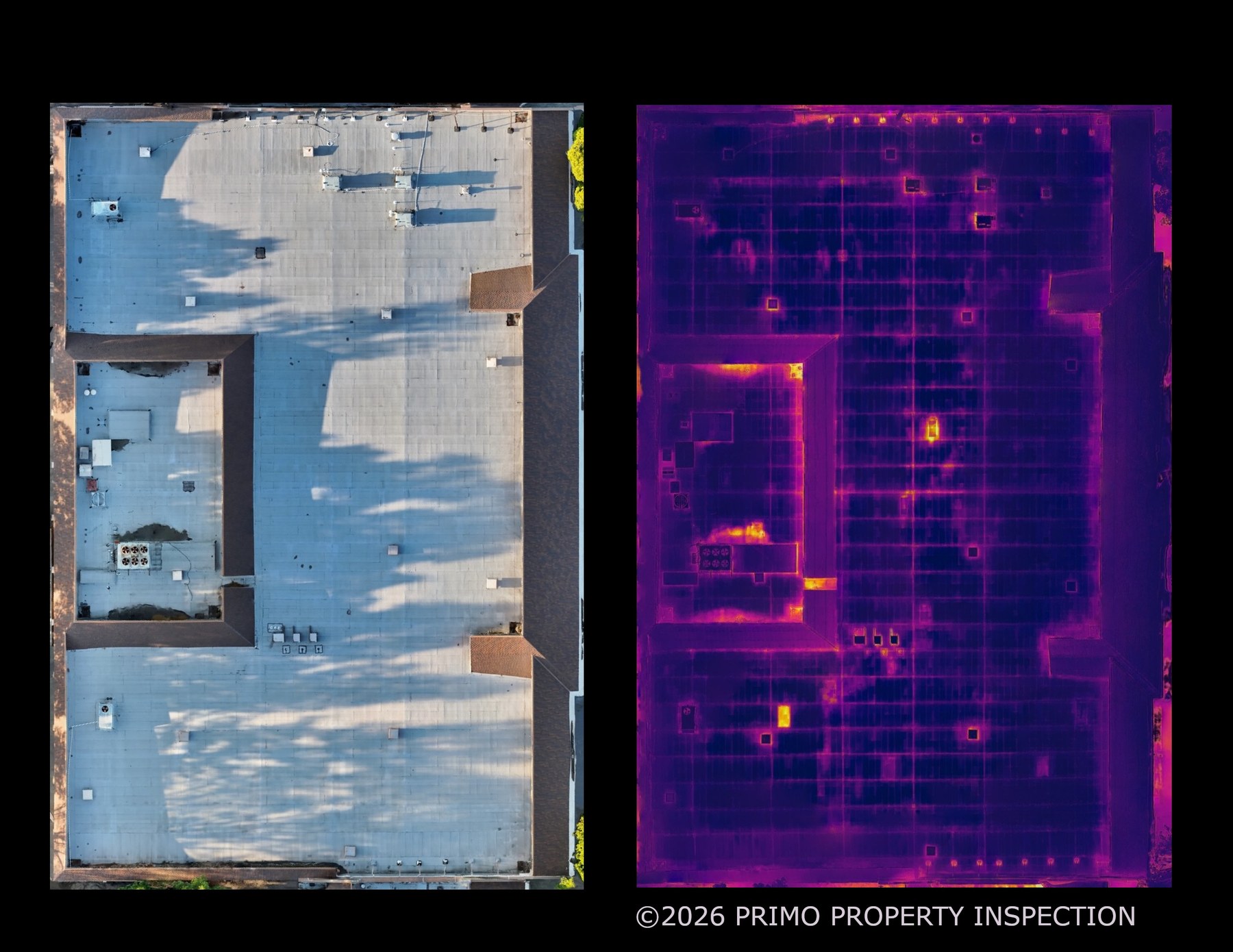 Side-by-side aerial view of a commercial low-slope roof: standard RGB photo on the left, infrared thermal scan on the right showing suspect moisture zones in warmer tones around rooftop equipment and seams